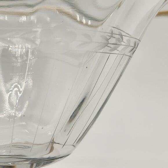 Glass Pedestal Compote Bowl Gold & Green‎ Edge Trim Flowers & Leaves Etched Band - Picture 6 of 8